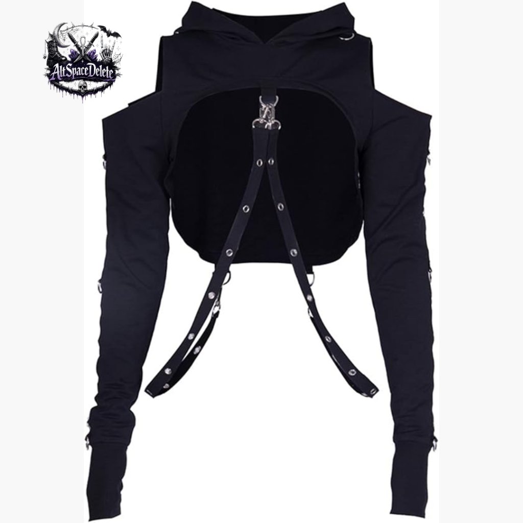 Gothic Punk Long Sleeve Crop Hoodie With Buckle Straps And Cold Shoulder